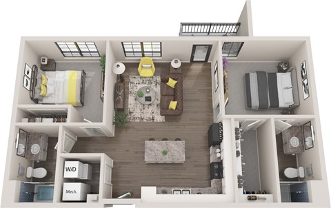 Floor plan for 2 beds, 2 baths, 935 sqft
